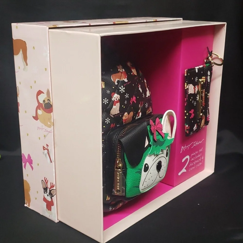Betsey Johnson NWT, NIB 2-piece Backpack and Card Case Holiday Dog Set